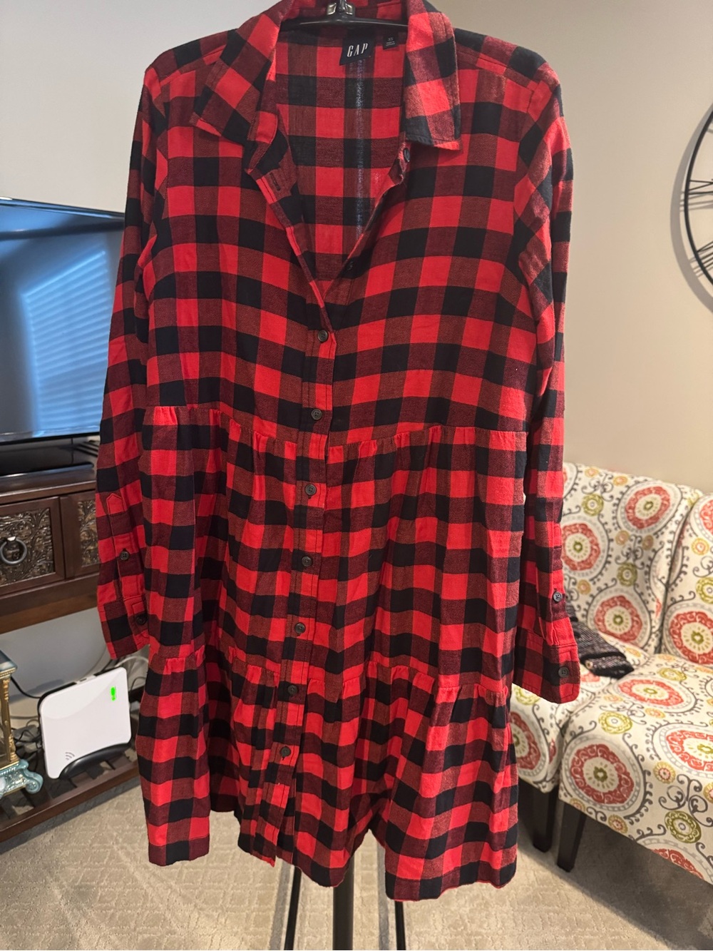 GAP Red and Black Buffalo Plaid Tiered Button-Front Dress